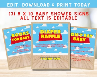 Boy Story Diaper Raffle Sign -  Don't Say Baby Sign - Books For Baby Sign - Baby Shower Game Bundle - Toy Story Baby Shower Signs - PES0