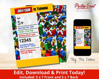 Building Brick Birthday Invitation: Colorful Block Party Theme (Digital Download)- PES105