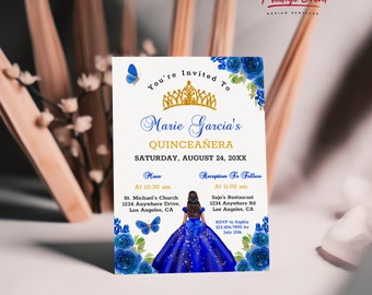 Royal Blue and Gold Quinceañera Invitation Template (Digital Download)
