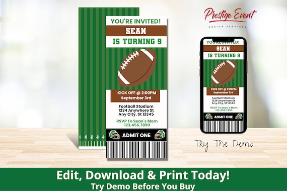 Football Ticket Invitation - Football Birthday Sports Invite ...