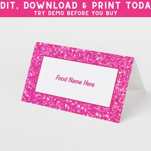 Tienda de comida con purpurina rosa / Tarjeta de lugar de muñeca rosa / Etiqueta de comida con purpurina rosa caliente / Fiesta de cumpleaños de niña / Descarga instantánea - PEBARB