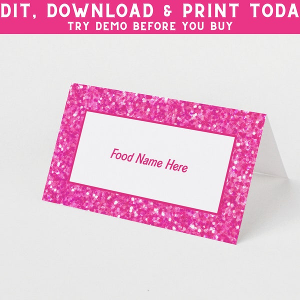 Pink Glitter Food Tent | Pink Doll Place Card | Hot Pink Glitter Food Label | Girl Birthday Party | Instant Download - PEBARB