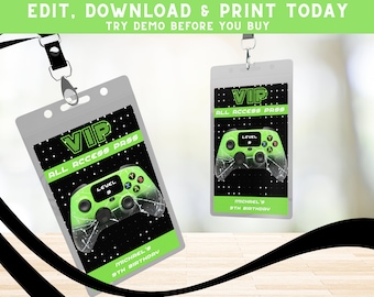 May include: Two printable VIP pass templates featuring a green video game controller design. The text on the pass reads "VIP All Access Pass" and "Michael's 9th Birthday".