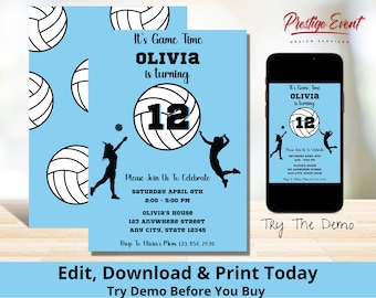 Invitación de cumpleaños con temática de voleibol: fiesta para niñas (descarga digital)