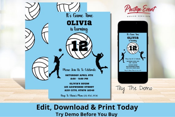 Volleyball Birthday Invitation - Volleyball Party Invite - Volleyball Theme - Volleyball Invite - Girl's Volleyball Party - PEVOLLY Il_570xn