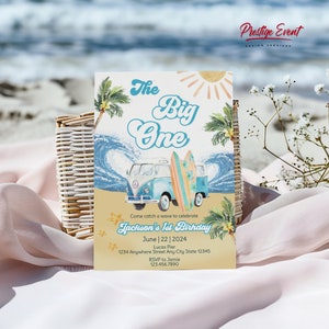 Surfing Birthday Invitation, The Big One Invite, Boy Beach Party Invite, Wave Birthday, Surf Board Theme, Beach Theme Party -SURF