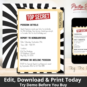 Secret Agent Invitation - Spy Party Invite - Top Secret Detective Birthday - Mission Impossible Spy Theme - PESPY1