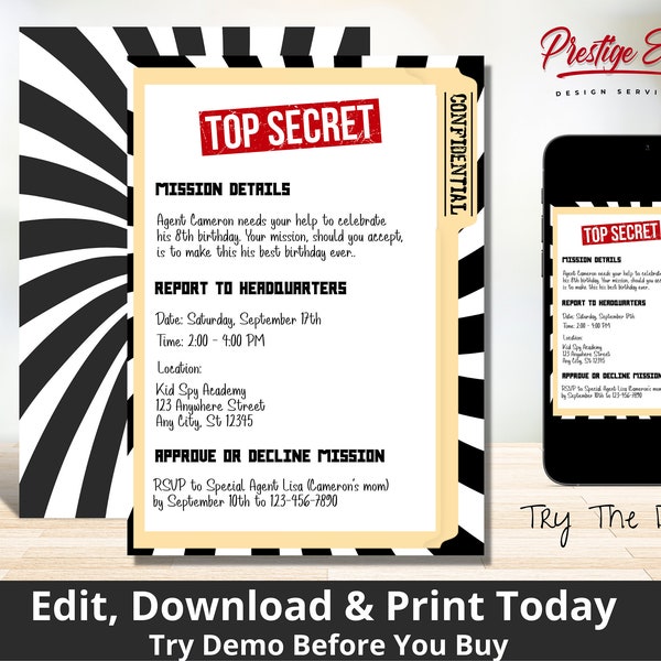 Secret Agent Invitation - Spy Party Invite - Top Secret Detective Birthday - Mission Impossible Spy Theme - PESPY1