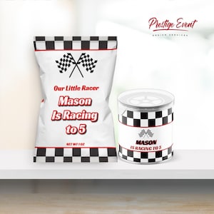 May include: A black and white checkered party favor container with a red and white checkered flag design. The container has the text "Our Little Racer Mason Is Racing to 5" printed on it.
