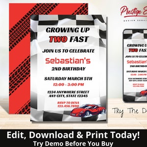 May include: A red and white checkered racing flag with a red race car and the text "Growing Up Two Fast" and "Sebastian's 2nd Birthday". The invitation includes the date, time, and location of the party.