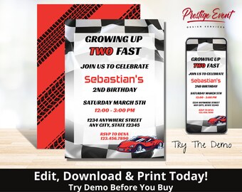 Invitación de cumpleaños número 2 de Two Fast Race Car (Descarga digital) - PECA6