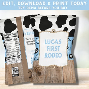 Western Chip Bags - Blue Rodeo Chip Bag Wrapper - Custom Chip Bag Labels - Cowboy Party - Printable Chip Bag- PEC200