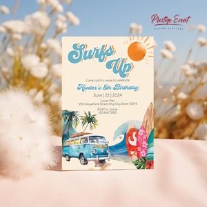 May include: A yellow and blue invitation with the text "Surfs Up" in a retro font. The invitation is for Hunter's 8th birthday party and includes a cartoon image of a blue and white van, surfboards, and palm trees. The text on the invitation says "Come catch a wave to celebrate Hunter's 8th Birthday" and includes the date "June | 22 | 2024", the location "Lucas Pier, 1234 Anywhere Street Any City State 12345", and the RSVP information "RSVP to Jamie 123.456.7890".