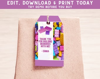 Pink Building Block Favor Tags - Brick Party Thank You Tags - Kids Favor Tags - Building Theme Printable Favor Tags - PES105