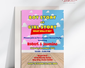 Boy Story Gender Reveal Invitation: He or She Baby Shower (Digital Download)