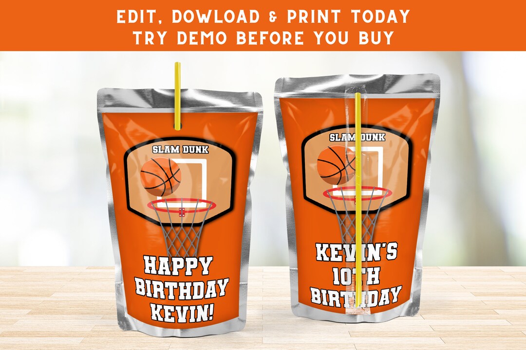Basketball Birthday Party Juice Label: Printable Pouch Wrapper (digital ...