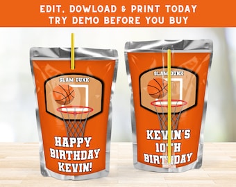May include: Orange and silver juice box with a basketball hoop and basketball graphic. The text "SLAM DUNK" is on the graphic. The text "HAPPY BIRTHDAY KEVIN!" is on the front of the juice box.