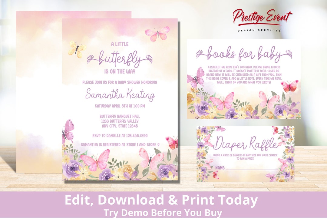 Butterfly Baby Shower Invitation Bundle: Floral Diaper Raffle (digital ...