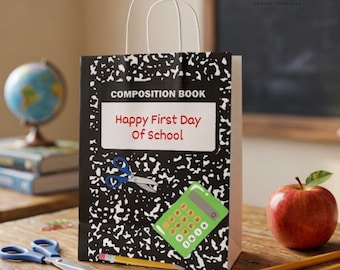 Editable Back to School Favor Bag Label, Composition Notebook Gift Bag Printable, Happy First Day of School Treats - B2SPE