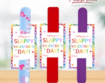 May include: Three Valentine's Day slap bracelets with colorful heart designs and the text "wishing you a SLAPPY VALENTINE'S DAY!"  From:  The bracelets are red, blue, and purple.