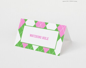 Tarjetas de mesa para comida de golf en rosa y verde: Etiquetas editables para buffet (Descarga digital)