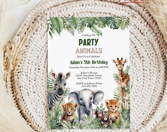 Jungle Safari Birthday Invitation: Wild One Party Animals (Digital Download)