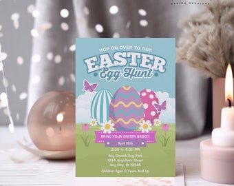 Invitación para la búsqueda de huevos de Pascua - Invitación imprimible para fiesta de Pascua - Evento vecinal de primavera - Plantilla editable - PESE1