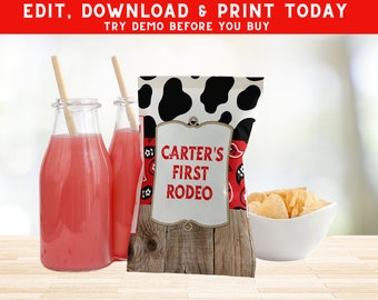 Rodeo Chip Bags - Red Western Chip Bag Wrapper - Custom Chip Bag Labels - Cowboy Party - Printable Chip Bag- PEC200