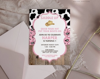 May include: Pink and black cow print and paisley pattern birthday invitation with the text "Saddle Up", "Grab Your Hat", "Put Your Boots On", "Join Us To Celebrate", "Harper Is Turning 1", "Saturday March 26th", "1:00-4:00 PM", "Fun Ranch", "123 Anywhere Street", "Any City, ST 12345", "RSVP Harper's Mom", "123.456.7890".