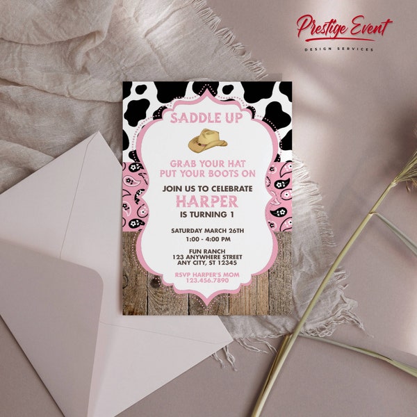 Pink Vintage Cowgirl Birthday Invitation, Western Rodeo Party Invite, Nashville Cowgirl Theme, Girl Birthday Party - PEC200