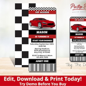 May include: A red and black racing-themed birthday party invitation with a red sports car graphic. The invitation says "VIP Access" and "Mason is turning 9!" with the date and time of the party. The text says "Start your engines!" and "RSVP to Mason's Mom 123.456.7890".