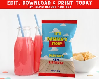 Envoltorio para bolsa de papas fritas de cumpleaños de Boy Story: Etiqueta imprimible personalizada (PES0)