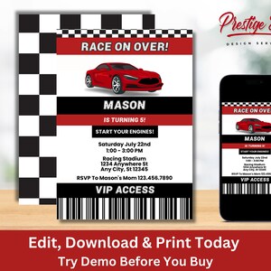 May include: A red and black race car themed birthday party invitation with a red sports car, a checkered flag background, and the text "Race On Over!" and "Mason is turning 5!"