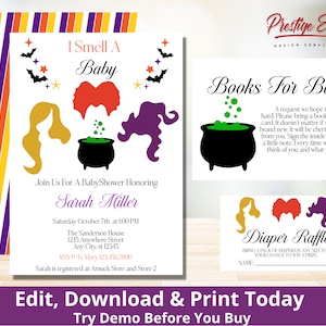 Könnte beinhalten: Eine druckbare Babyparty-Einladung im Halloween-Stil mit gestreiftem Hintergrund. Die Einladung zeigt einen Kessel, Sterne und Hexen. Der Text lautet "I Smell A Baby" und "Join Us For A Baby Shower Honoring Sarah Miller".