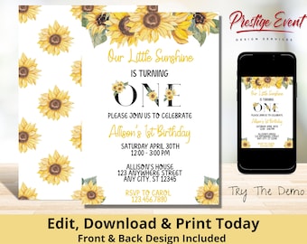 Sunflower First Birthday Invitation: Rustic Floral Party (Digital Download)
