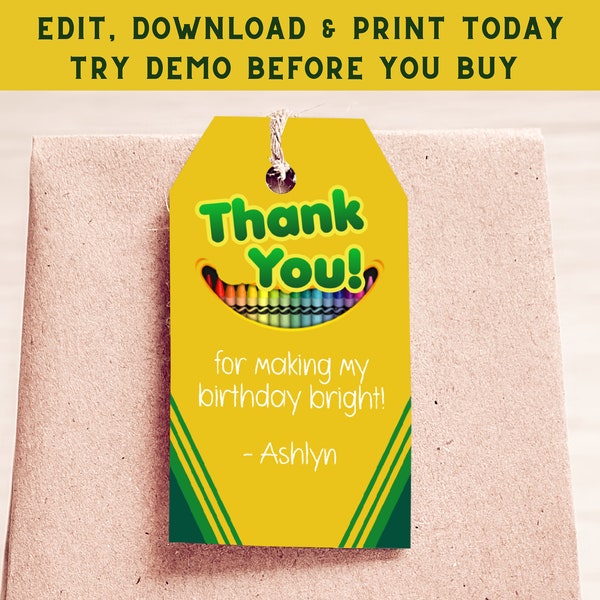 Crayon Favor Tags - Coloring Party Thank You Tags - Kids Favor Tags - Crayon Theme Printable Favor Tags - CRAYON