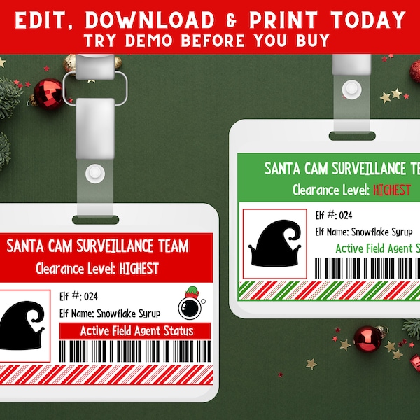 Lost Elf ID Card, Santa Cam Security Badge, Christmas Kids Printable Template, Santa Workshop Access - PESW1