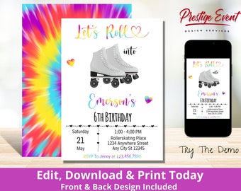 Tie-Dye Rollerskate Birthday Invitation (Digital Download)