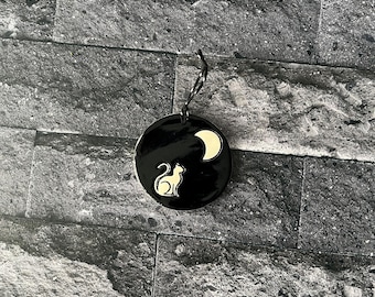 Handmade Ceramic Crescent Moon and Cat Ornament / Witchy Moon Cat Yule Ornament / Moon and Cat Charm / Yule Cat Decor