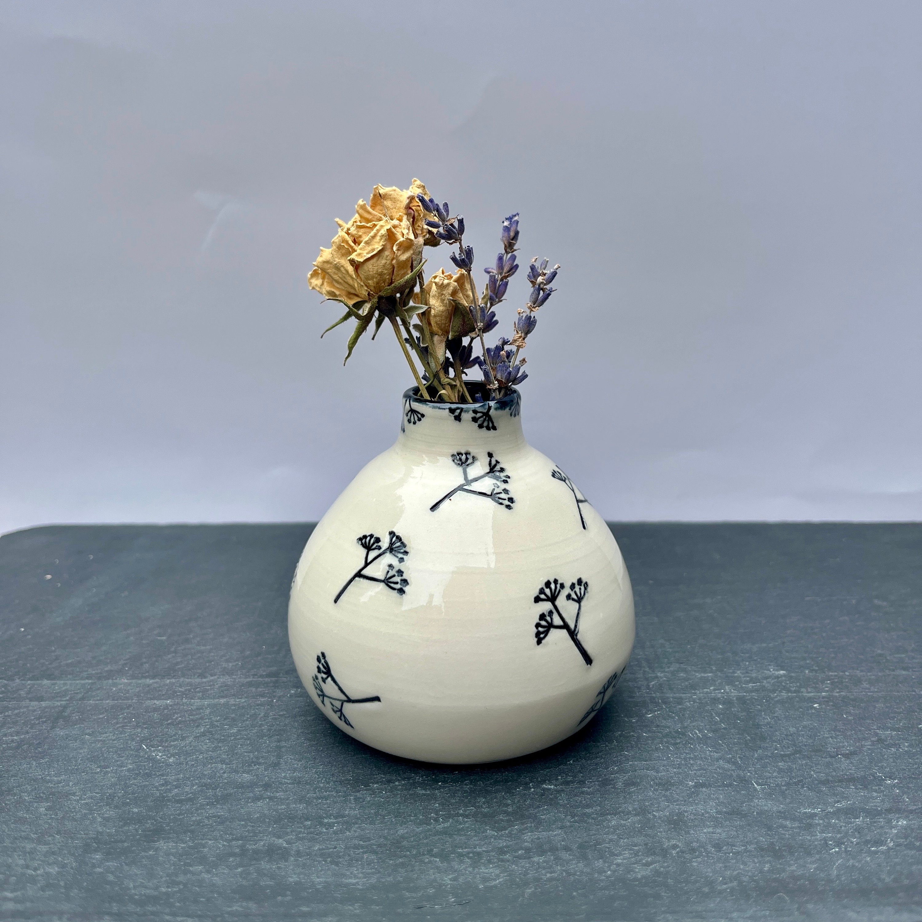 Handmade Ceramic Bud Vase / Black and White Vase With Floral Design ...