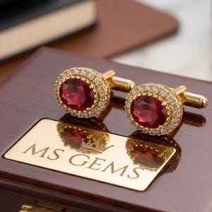 Lab Ruby Cufflinks for Men | Gold & Silver Finish | Wedding Groom Formal Shirt Accessories