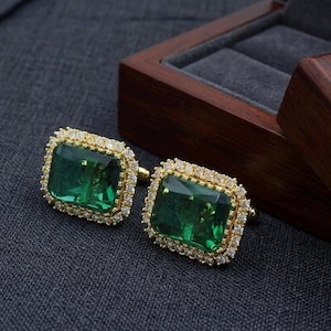 Lab Emerald Cufflinks for Men | Gold & Silver Finish | Wedding Groom Formal Shirt Accessories