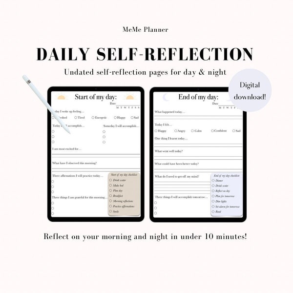 Self-reflection sheets for day and night, digital download, daily mindfulness, reflection journal, checklist for day, journal prompts