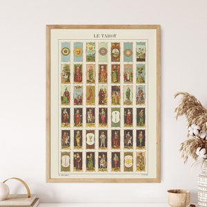 May include: A framed vintage tarot card print featuring numerous illustrated cards with figures and symbols. The print is titled "LE TAROT" and is in a light wood frame. The artwork has a cream-colored background and colorful illustrations.
