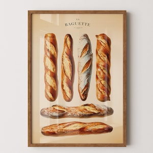 Op de afbeelding: Een ingelijste print met verschillende baguettes, met verschillende vormen en korsttexturen. De print heeft een vintage esthetiek, met de woorden "LA BAGUETTE" bovenaan. Het brood is goudbruin op een lichtbruine achtergrond.