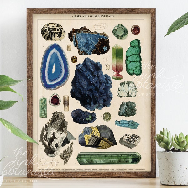 Vintage gemstones print, minerals vintage print, art poster, crystals chart print, gemstone wall art, vintage gems print, geology print