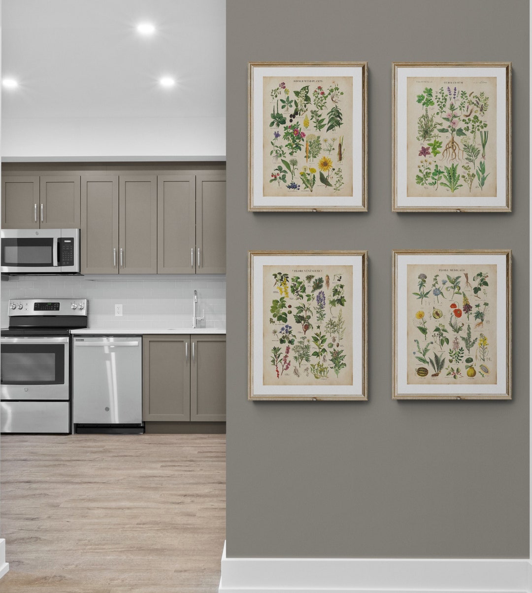 kitchen wall decor art prints - botanical prints -... Vintage Herbs Print Set: Antique Botanical Kitchen Wall Art - Etsy