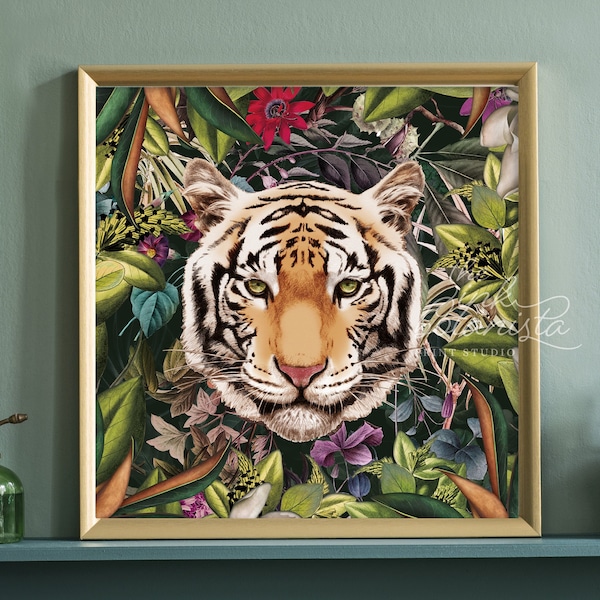 Tigerkopf Druck, Dschungel Poster, Tier Wandkunst, Palmblatt Druck mit illustriertem Tiger, quadratische Größe und individuelles Format, tropische Raumkunst