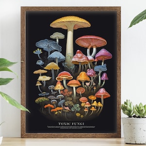 Impresión de gráfico de hongos venenosos, cartel botánico oscuro, arte de pared de hongos tóxicos, decoración de brujas negras