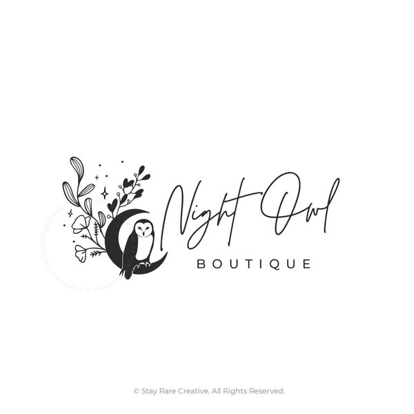 Owl logo design, simple stamp logo, bird logo, branch logo, owl drawing logo, floral branch logo, hand drawn illustration, shop